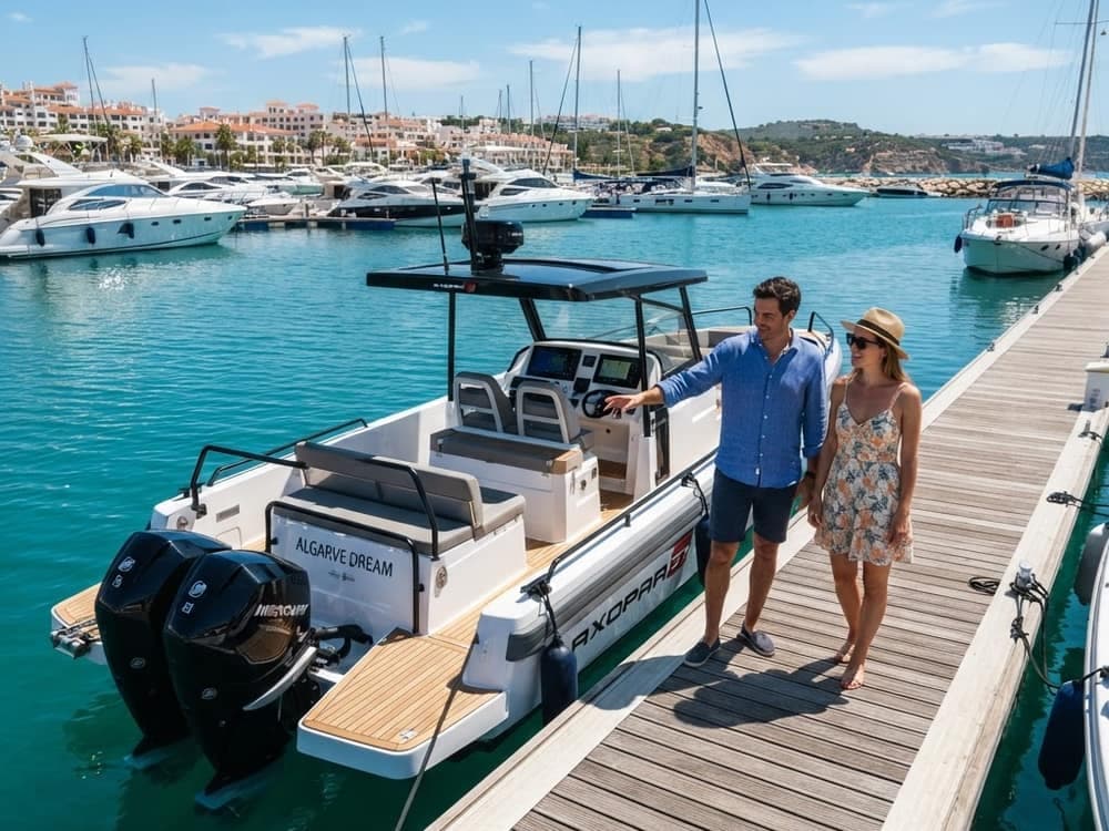 A sleek motorboat moored at a sunny Algarve marina